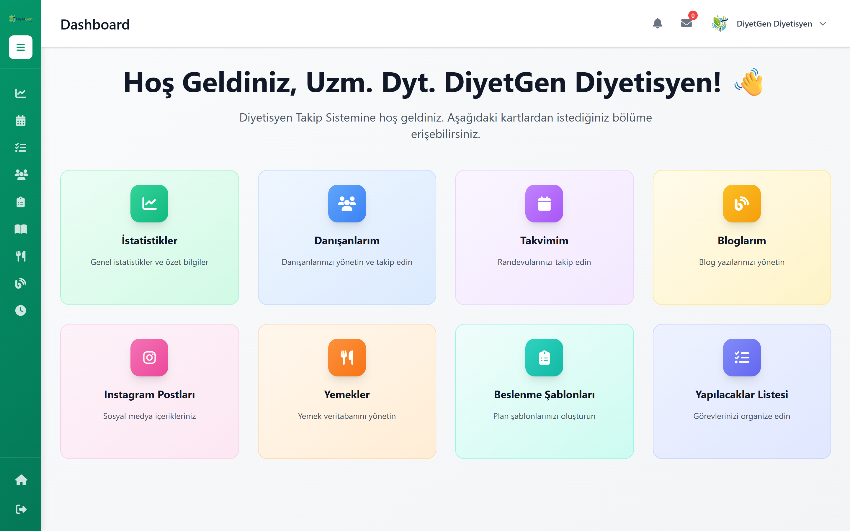 DiyetGen dashboard ekran görüntüsü - danışan yönetim paneli
